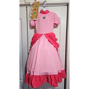 Princess Peach Kids Costume Dress Hoop Skirt Crown Tiara Pink Super Mario Girls